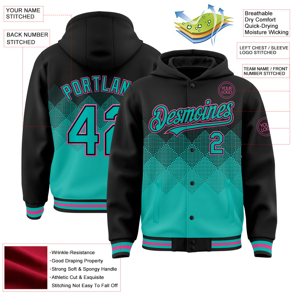 Custom Black Aqua-Pink Gradient Square Shape 3D Pattern Design Bomber Full-Snap Varsity Letterman Hoodie Jacket view 3