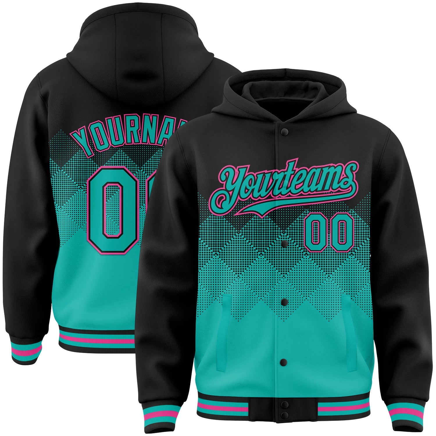 Custom Black Aqua-Pink Gradient Square Shape 3D Pattern Design Bomber Full-Snap Varsity Letterman Hoodie Jacket - Main View