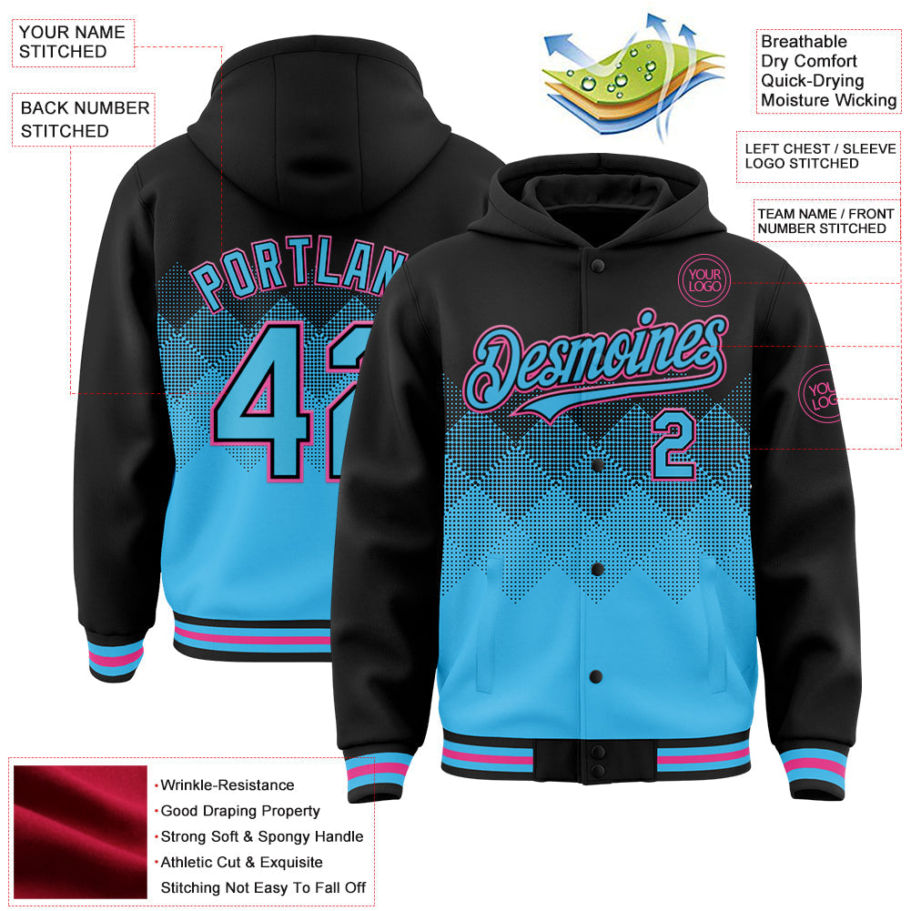 Custom Black Sky Blue-Pink Gradient Square Shape 3D Pattern Design Bomber Full-Snap Varsity Letterman Hoodie Jacket view 3