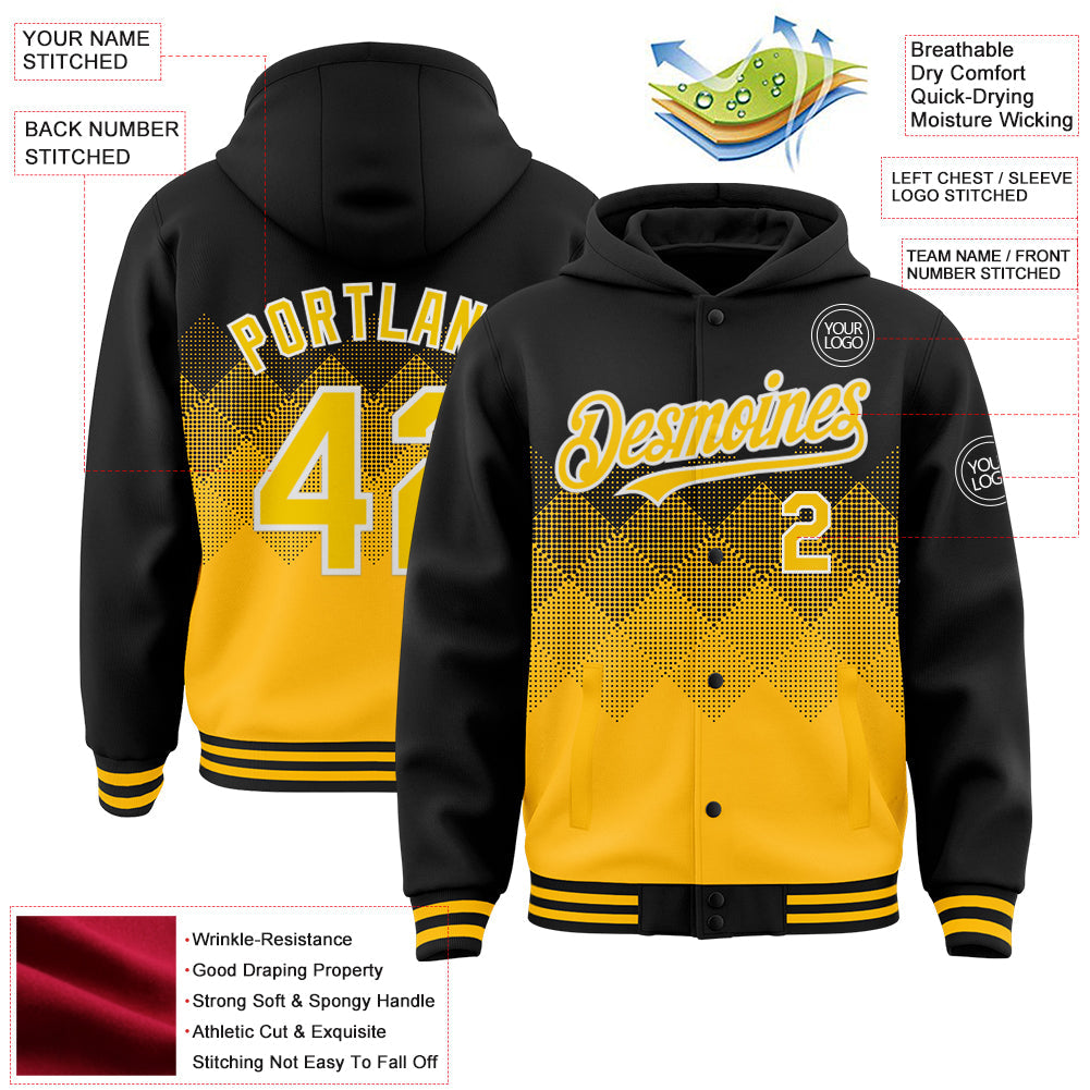 Custom Black Gold-White Gradient Square Shape 3D Pattern Design Bomber Full-Snap Varsity Letterman Hoodie Jacket view 3