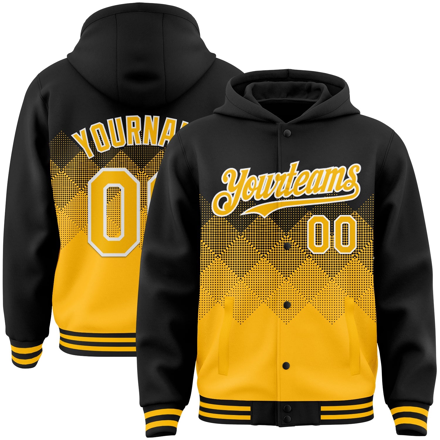 Custom Black Gold-White Gradient Square Shape 3D Pattern Design Bomber Full-Snap Varsity Letterman Hoodie Jacket - Main View