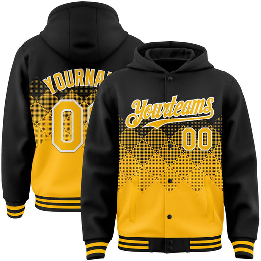 Custom Black Gold-White Gradient Square Shape 3D Pattern Design Bomber Full-Snap Varsity Letterman Hoodie Jacket - Main View