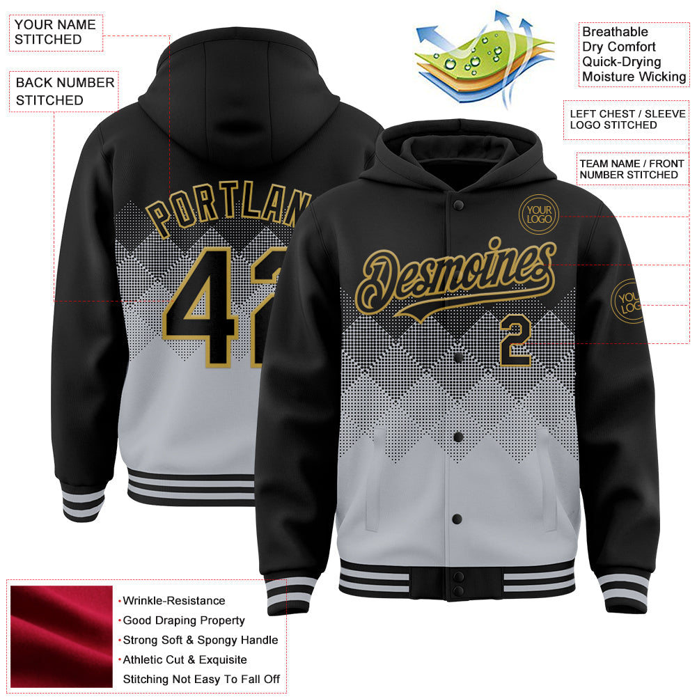 Custom Black Gray-Old Gold Gradient Square Shape 3D Pattern Design Bomber Full-Snap Varsity Letterman Hoodie Jacket view 3