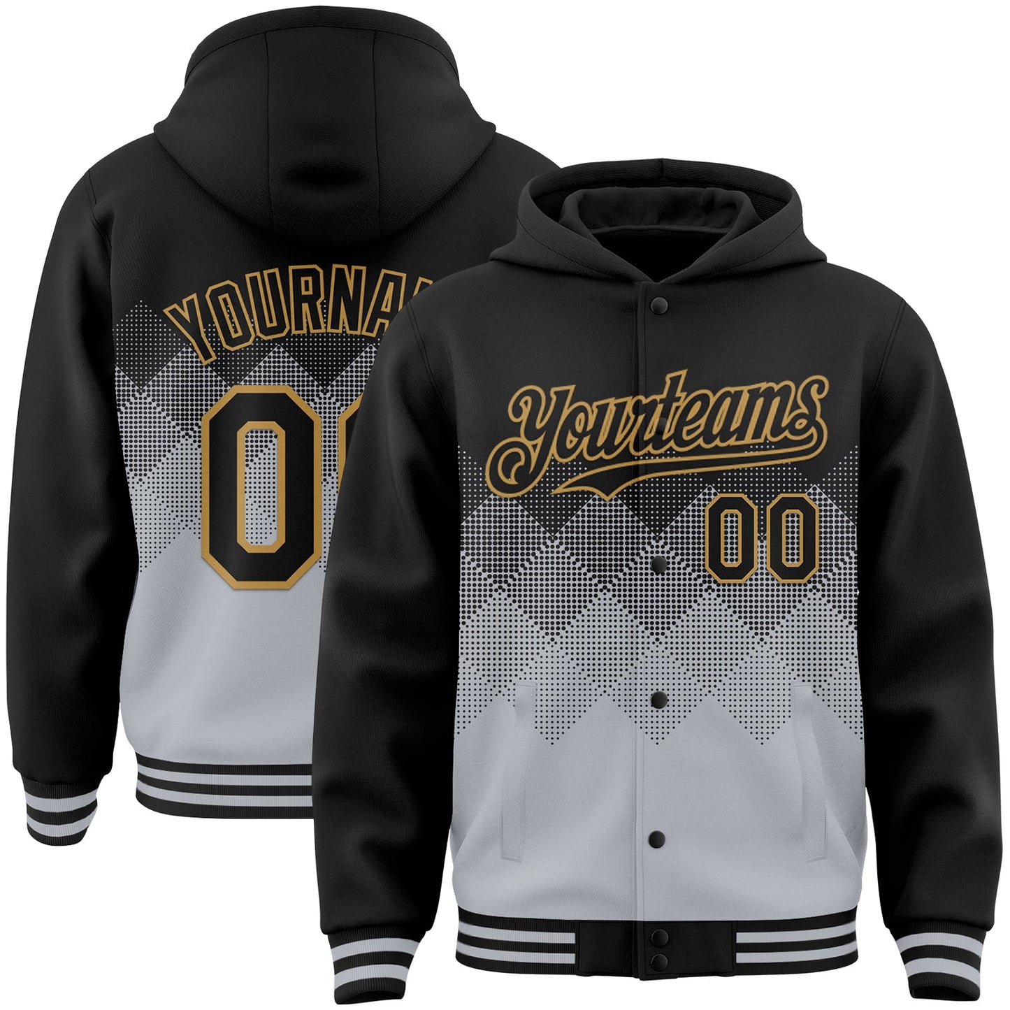 Custom Black Gray-Old Gold Gradient Square Shape 3D Pattern Design Bomber Full-Snap Varsity Letterman Hoodie Jacket - Main View