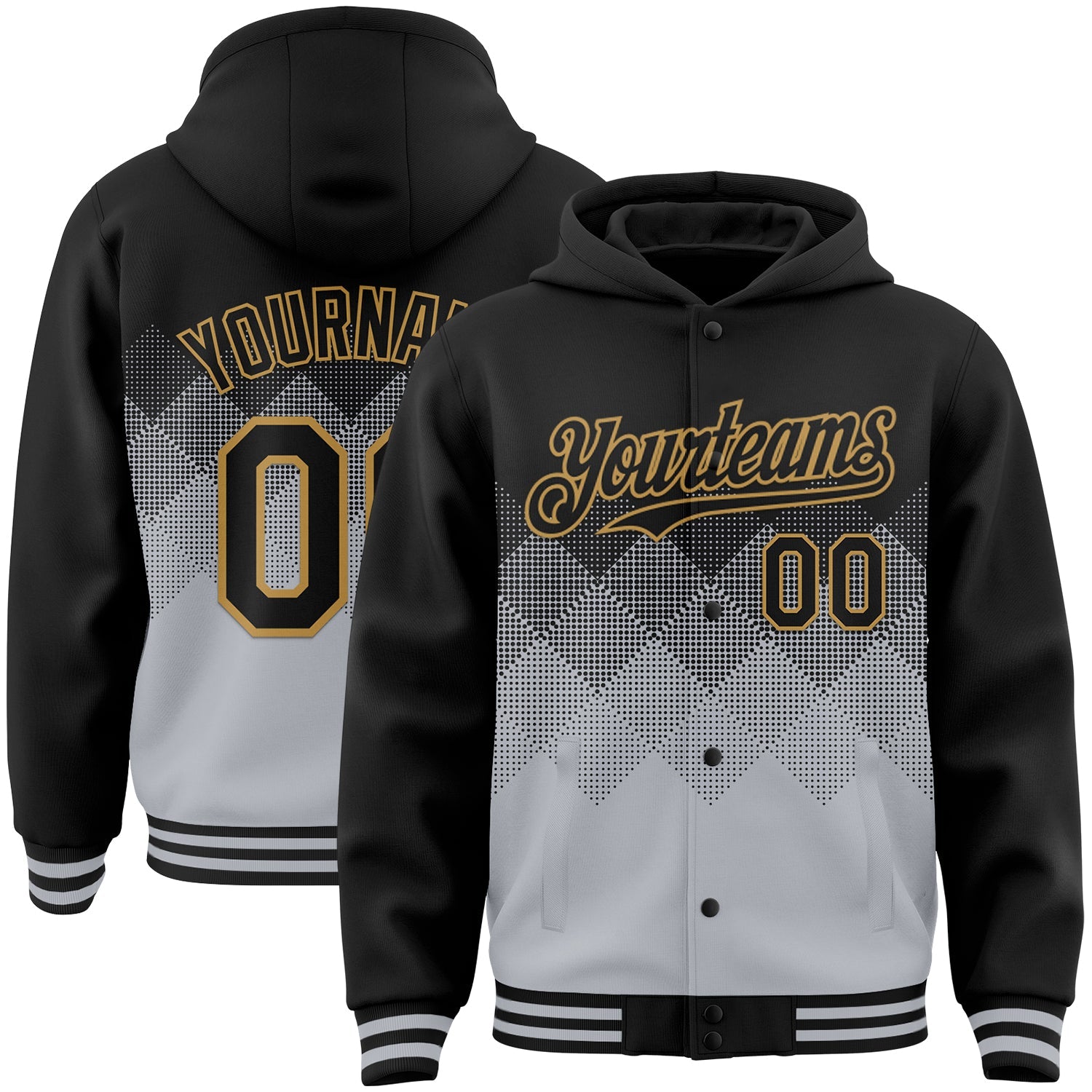 Custom Black Gray-Old Gold Gradient Square Shape 3D Pattern Design Bomber Full-Snap Varsity Letterman Hoodie Jacket - Main View