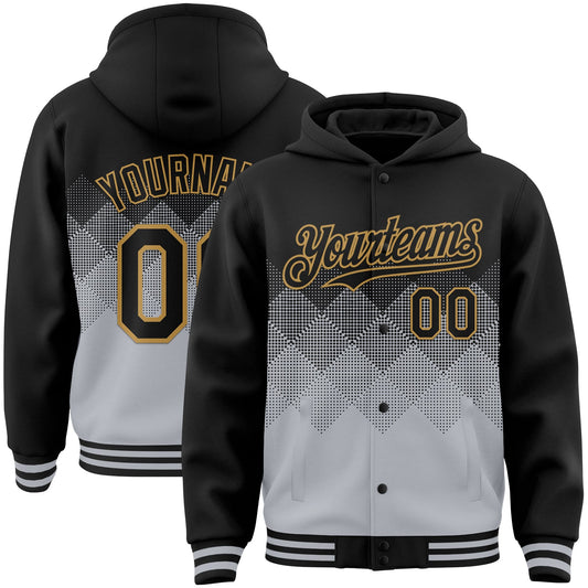 Custom Black Gray-Old Gold Gradient Square Shape 3D Pattern Design Bomber Full-Snap Varsity Letterman Hoodie Jacket - Main View