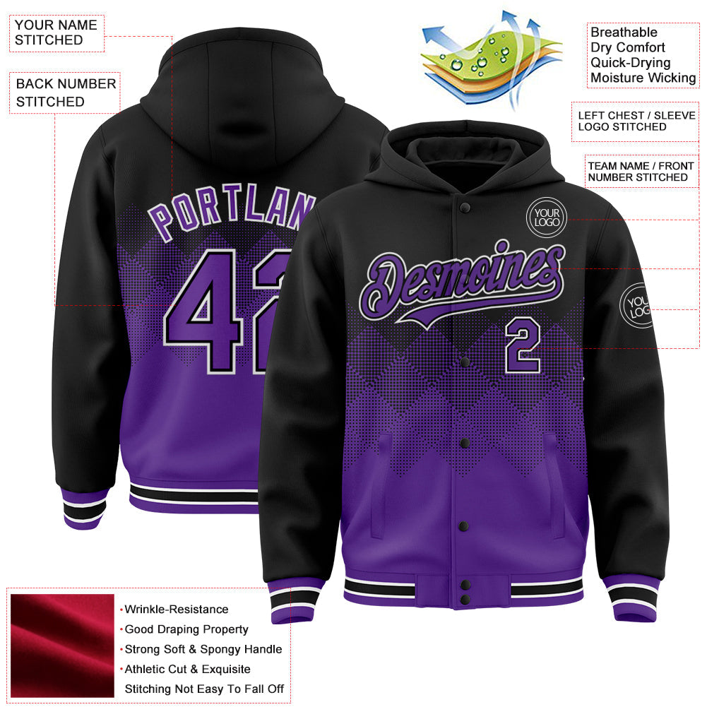 Custom Black Purple-White Gradient Square Shape 3D Pattern Design Bomber Full-Snap Varsity Letterman Hoodie Jacket view 3