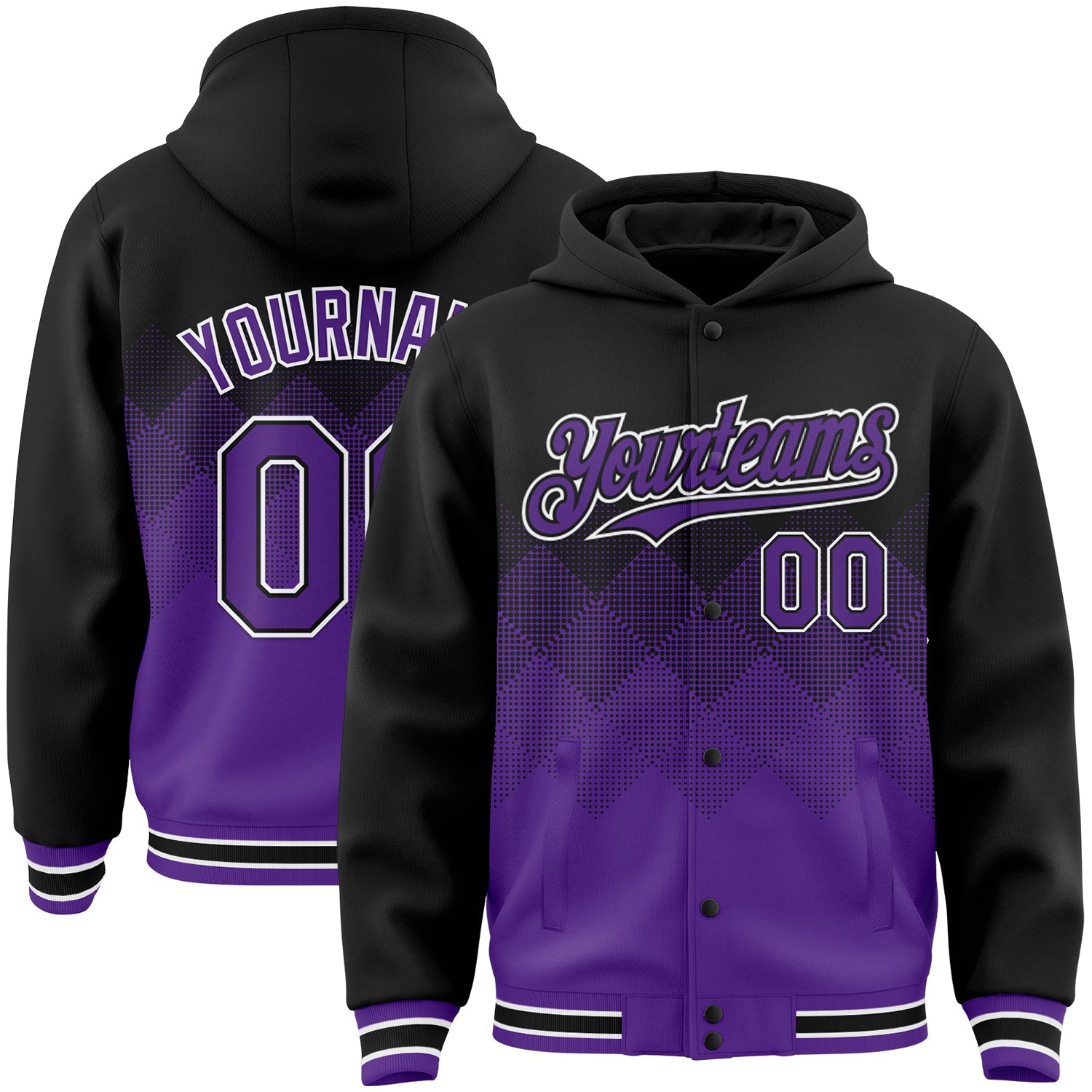 Custom Black Purple-White Gradient Square Shape 3D Pattern Design Bomber Full-Snap Varsity Letterman Hoodie Jacket - Main View