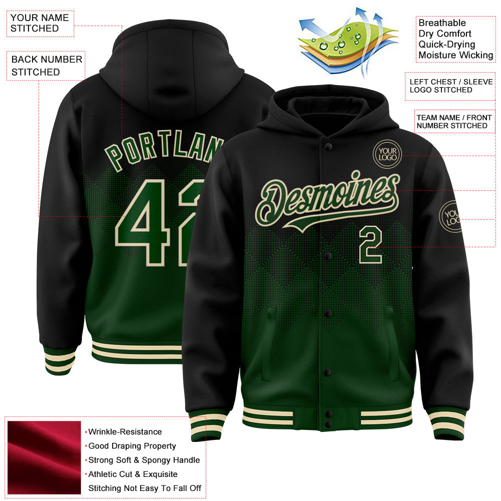 Custom Black Green-Cream Gradient Square Shape 3D Pattern Design Bomber Full-Snap Varsity Letterman Hoodie Jacket view 3