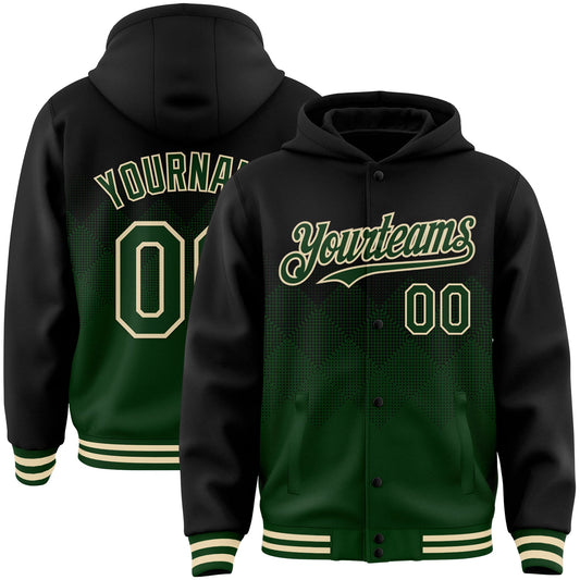 Custom Black Green-Cream Gradient Square Shape 3D Pattern Design Bomber Full-Snap Varsity Letterman Hoodie Jacket - Main View