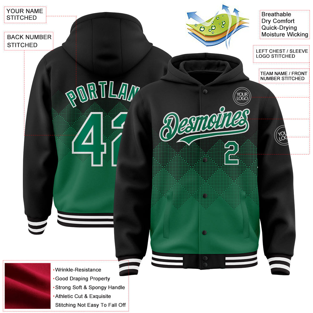 Custom Black Kelly Green-White Gradient Square Shape 3D Pattern Design Bomber Full-Snap Varsity Letterman Hoodie Jacket view 3