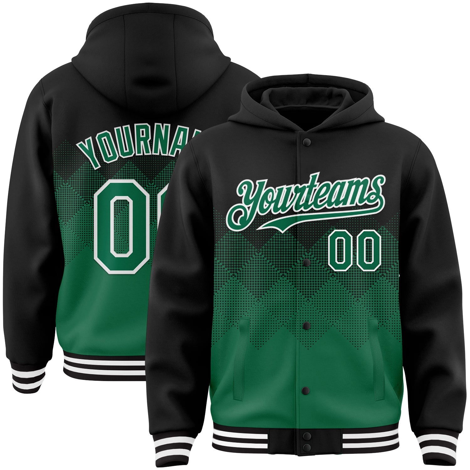 Custom Black Kelly Green-White Gradient Square Shape 3D Pattern Design Bomber Full-Snap Varsity Letterman Hoodie Jacket - Main View