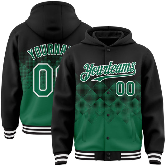 Custom Black Kelly Green-White Gradient Square Shape 3D Pattern Design Bomber Full-Snap Varsity Letterman Hoodie Jacket - Main View