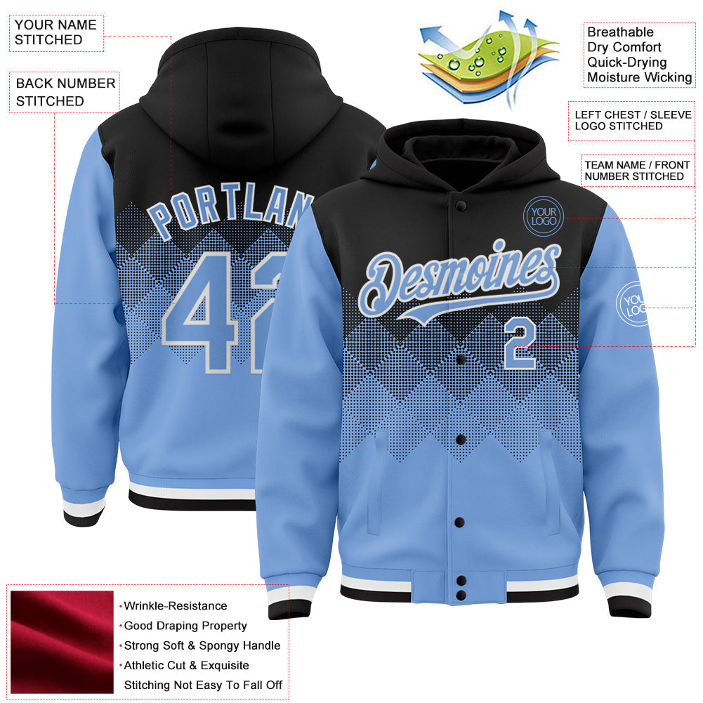 Custom Black Light Blue-White Gradient Square Shape 3D Pattern Design Bomber Full-Snap Varsity Letterman Hoodie Jacket view 3