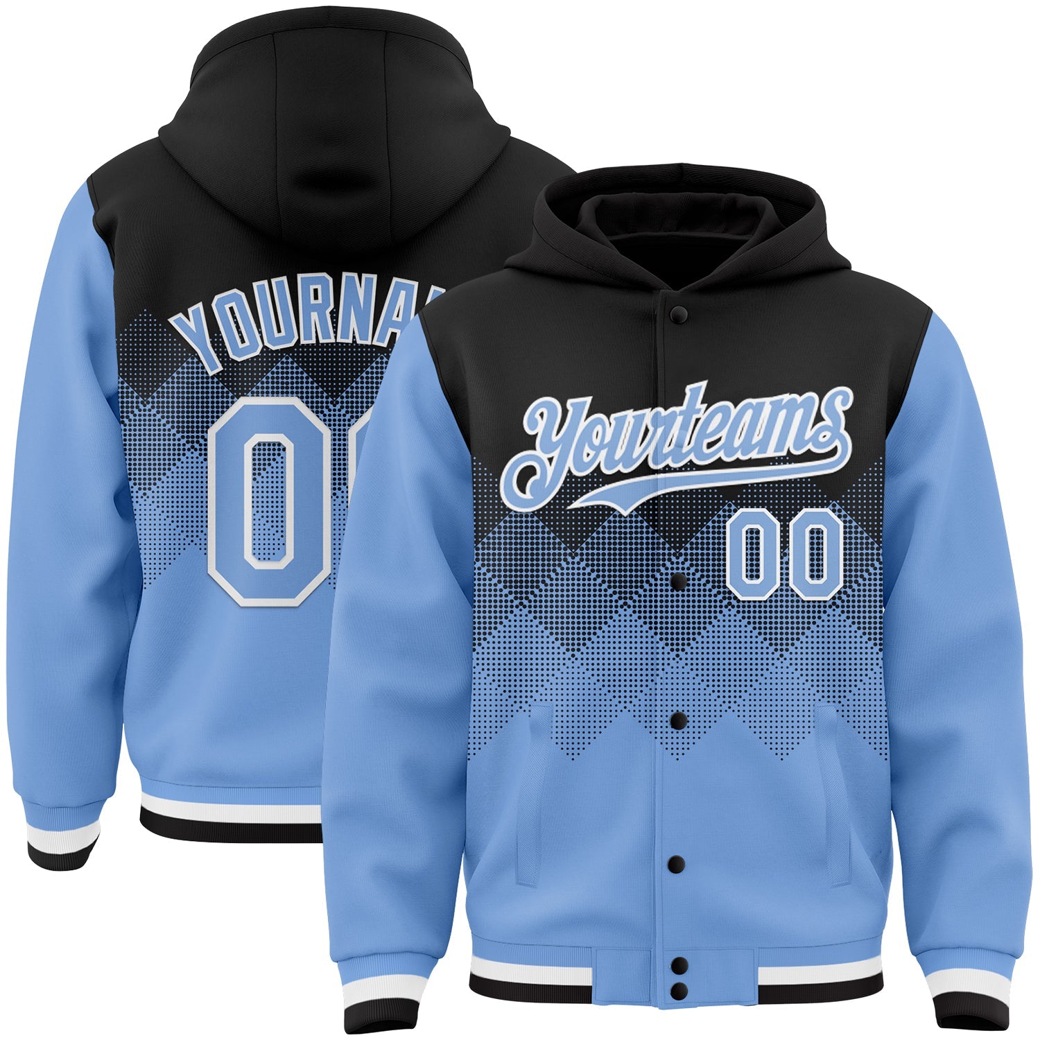 Custom Black Light Blue-White Gradient Square Shape 3D Pattern Design Bomber Full-Snap Varsity Letterman Hoodie Jacket - Main View