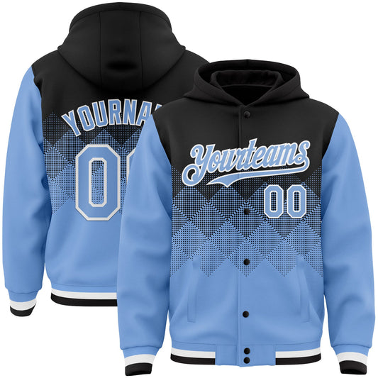 Custom Black Light Blue-White Gradient Square Shape 3D Pattern Design Bomber Full-Snap Varsity Letterman Hoodie Jacket - Main View
