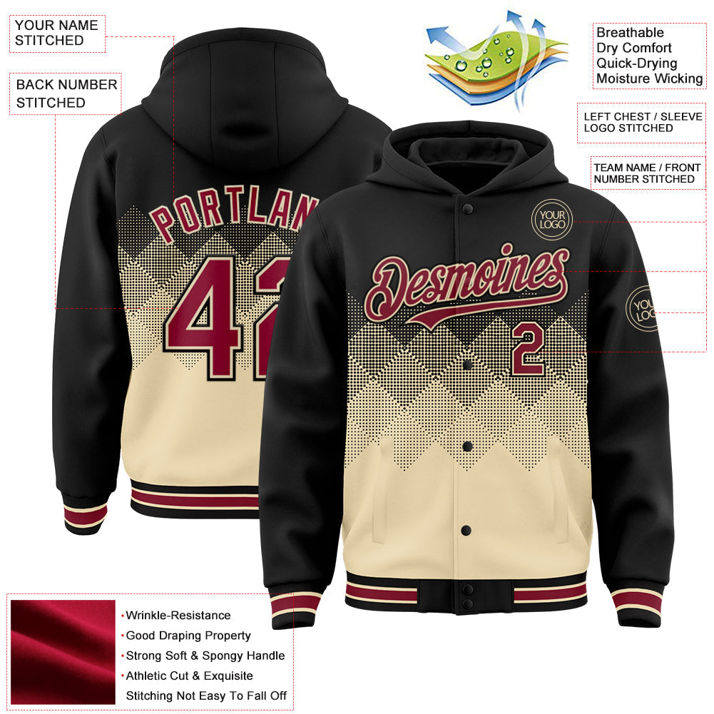 Custom Black City Cream-Crimson Gradient Square Shape 3D Pattern Design Bomber Full-Snap Varsity Letterman Hoodie Jacket view 3