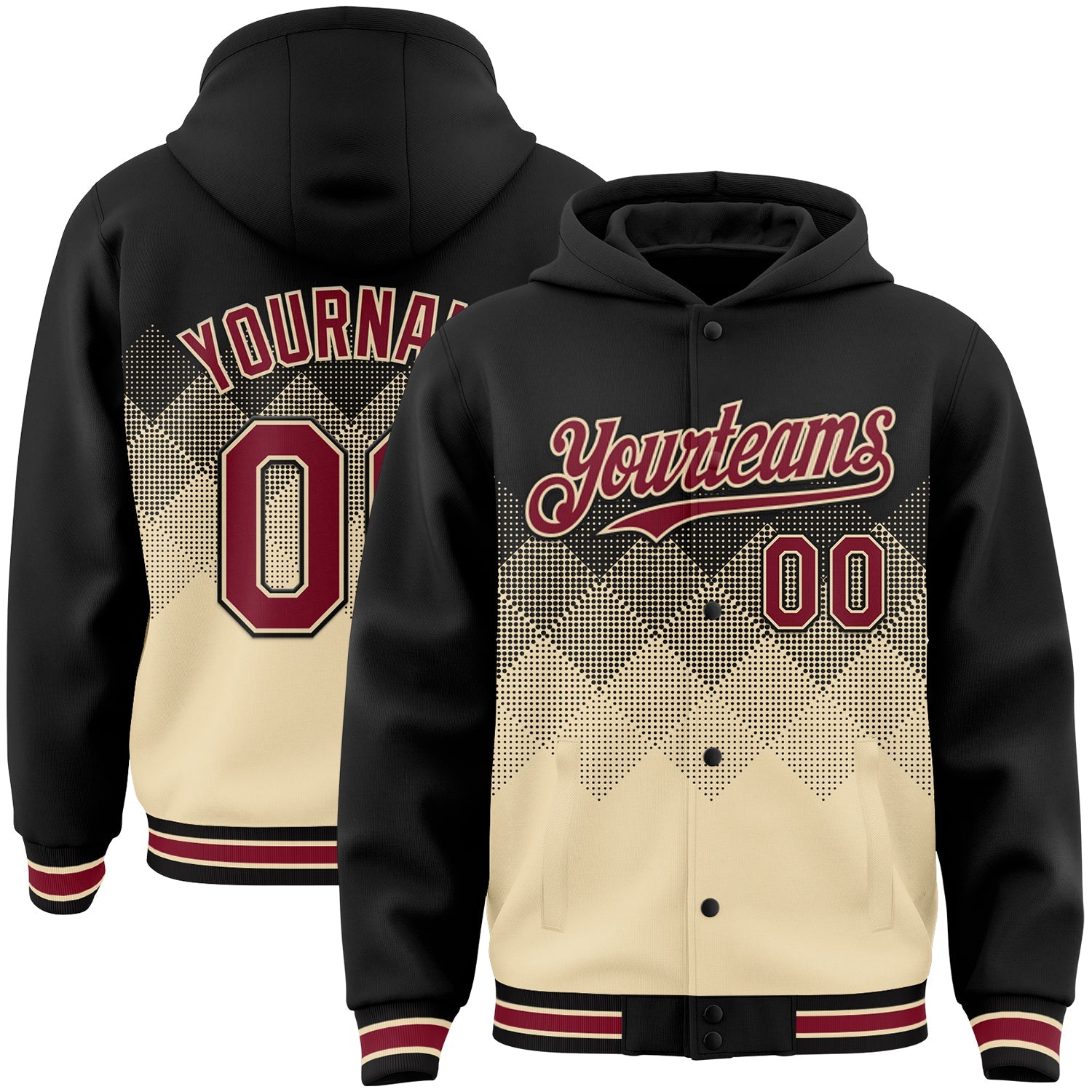 Custom Black City Cream-Crimson Gradient Square Shape 3D Pattern Design Bomber Full-Snap Varsity Letterman Hoodie Jacket - Main View