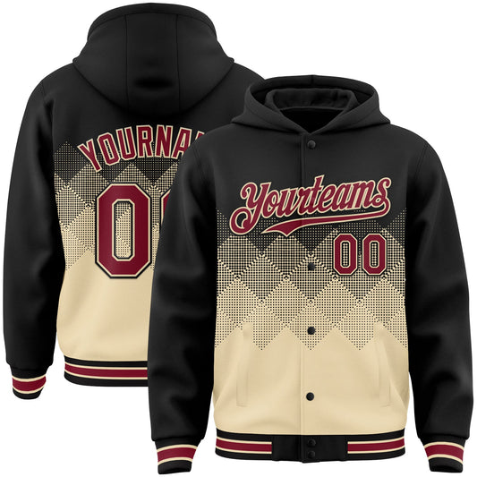 Custom Black City Cream-Crimson Gradient Square Shape 3D Pattern Design Bomber Full-Snap Varsity Letterman Hoodie Jacket - Main View
