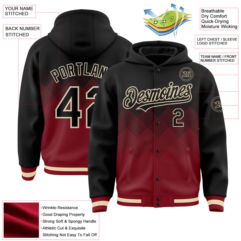 Custom Black Maroon-Cream Gradient Square Shape 3D Pattern Design Bomber Full-Snap Varsity Letterman Hoodie Jacket view 3