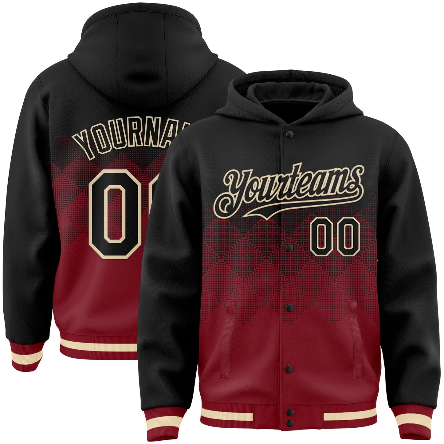 Custom Black Maroon-Cream Gradient Square Shape 3D Pattern Design Bomber Full-Snap Varsity Letterman Hoodie Jacket - Main View