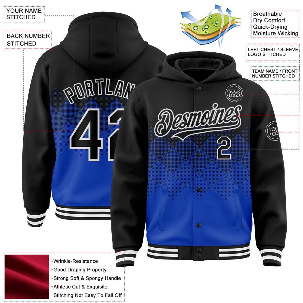 Custom Black Thunder Blue-White Gradient Square Shape 3D Pattern Design Bomber Full-Snap Varsity Letterman Hoodie Jacket view 3