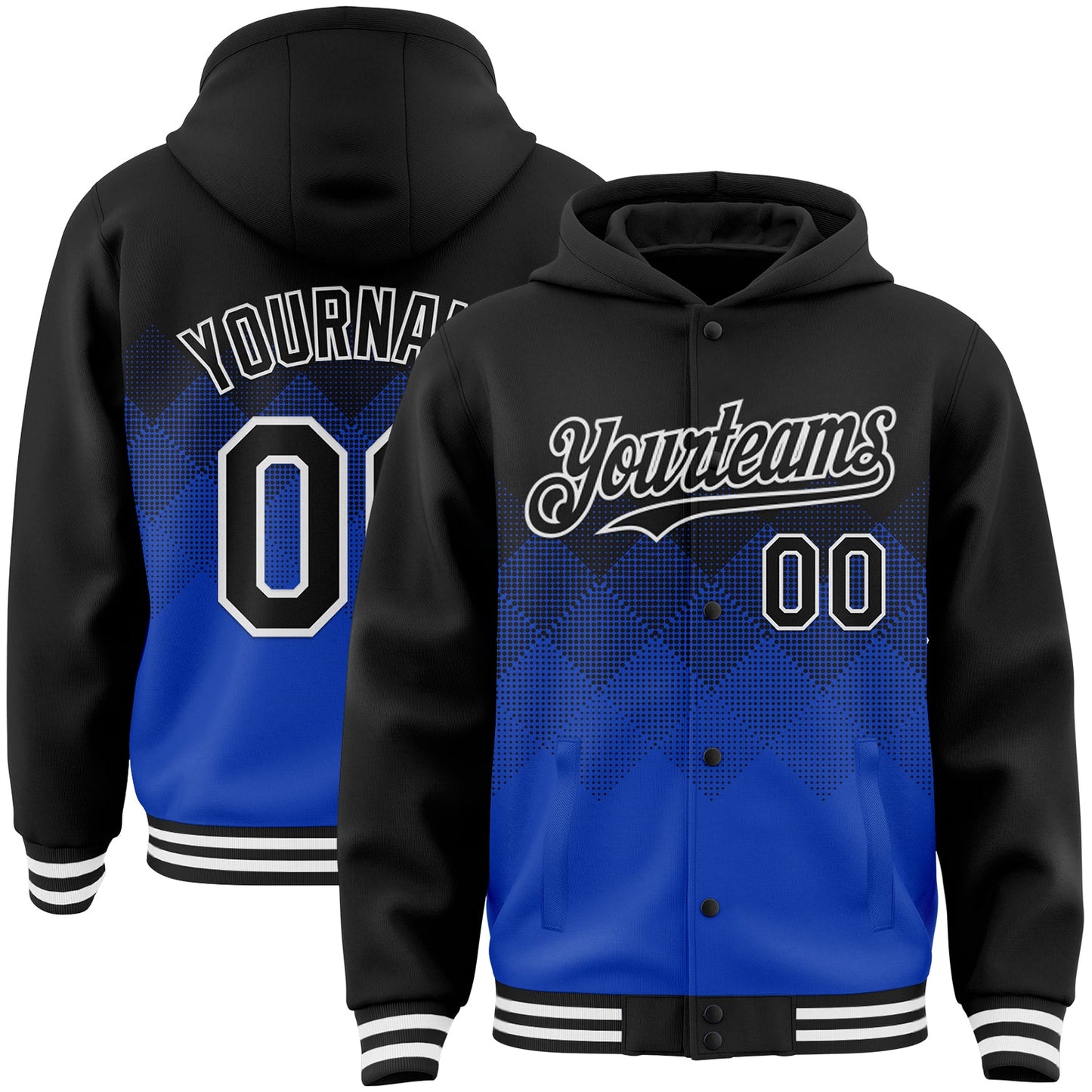 Custom Black Thunder Blue-White Gradient Square Shape 3D Pattern Design Bomber Full-Snap Varsity Letterman Hoodie Jacket - Main View
