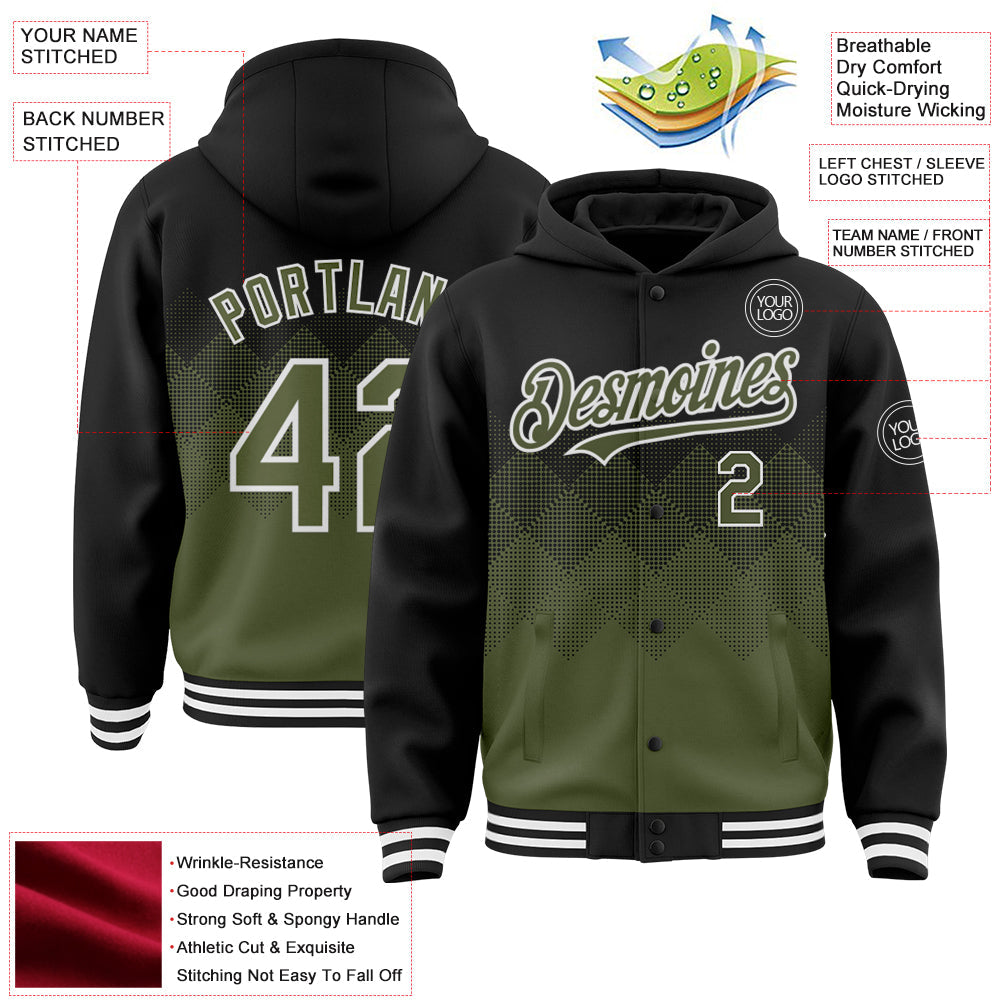 Custom Black Olive-White Gradient Square Shape 3D Pattern Design Bomber Full-Snap Varsity Letterman Hoodie Jacket view 3