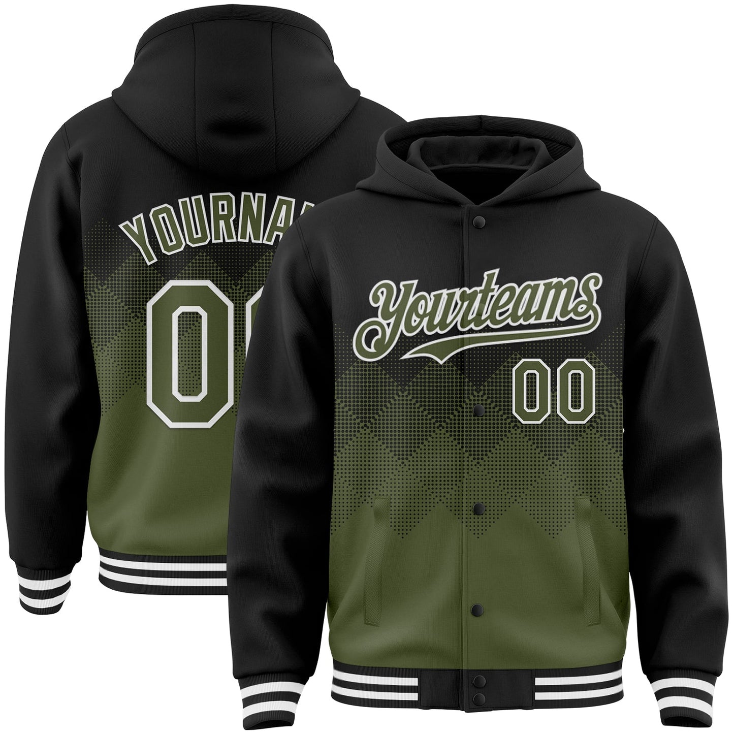 Custom Black Olive-White Gradient Square Shape 3D Pattern Design Bomber Full-Snap Varsity Letterman Hoodie Jacket - Main View