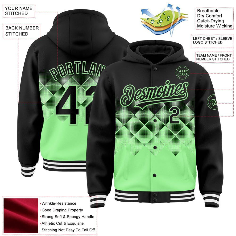 Custom Black Pea Green-White Gradient Square Shape 3D Pattern Design Bomber Full-Snap Varsity Letterman Hoodie Jacket view 3