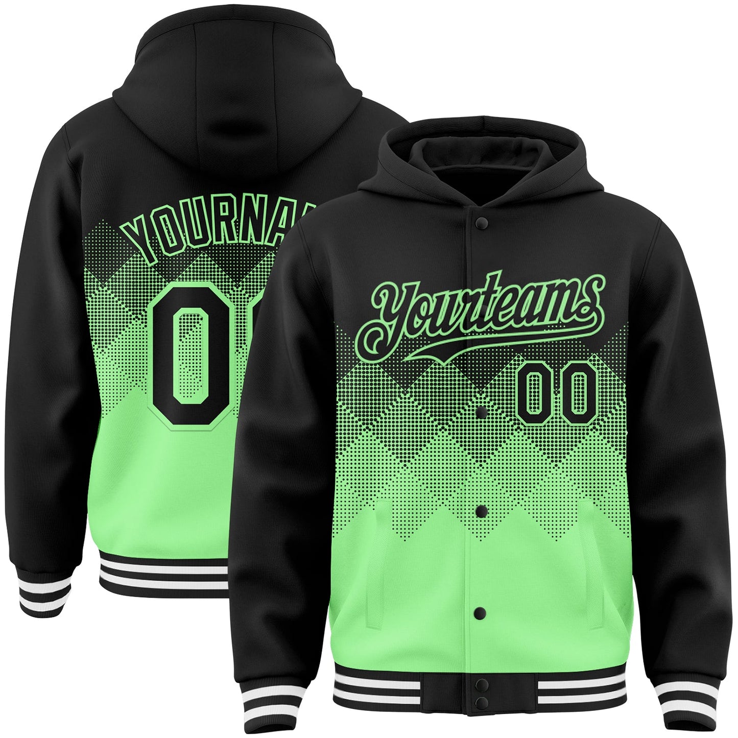 Custom Black Pea Green-White Gradient Square Shape 3D Pattern Design Bomber Full-Snap Varsity Letterman Hoodie Jacket - Main View