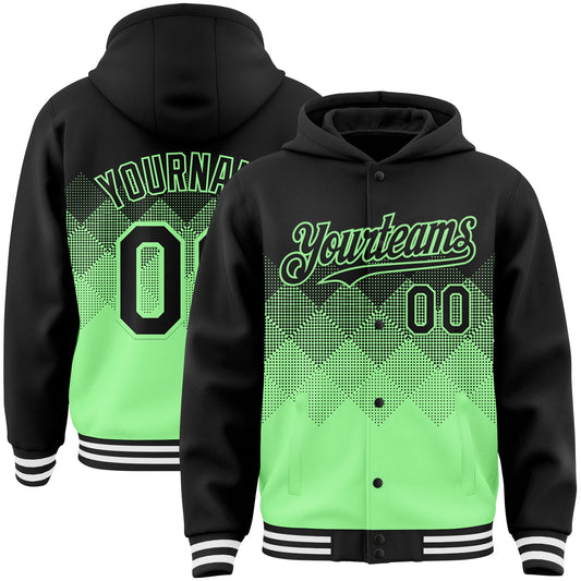 Custom Black Pea Green-White Gradient Square Shape 3D Pattern Design Bomber Full-Snap Varsity Letterman Hoodie Jacket - Main View