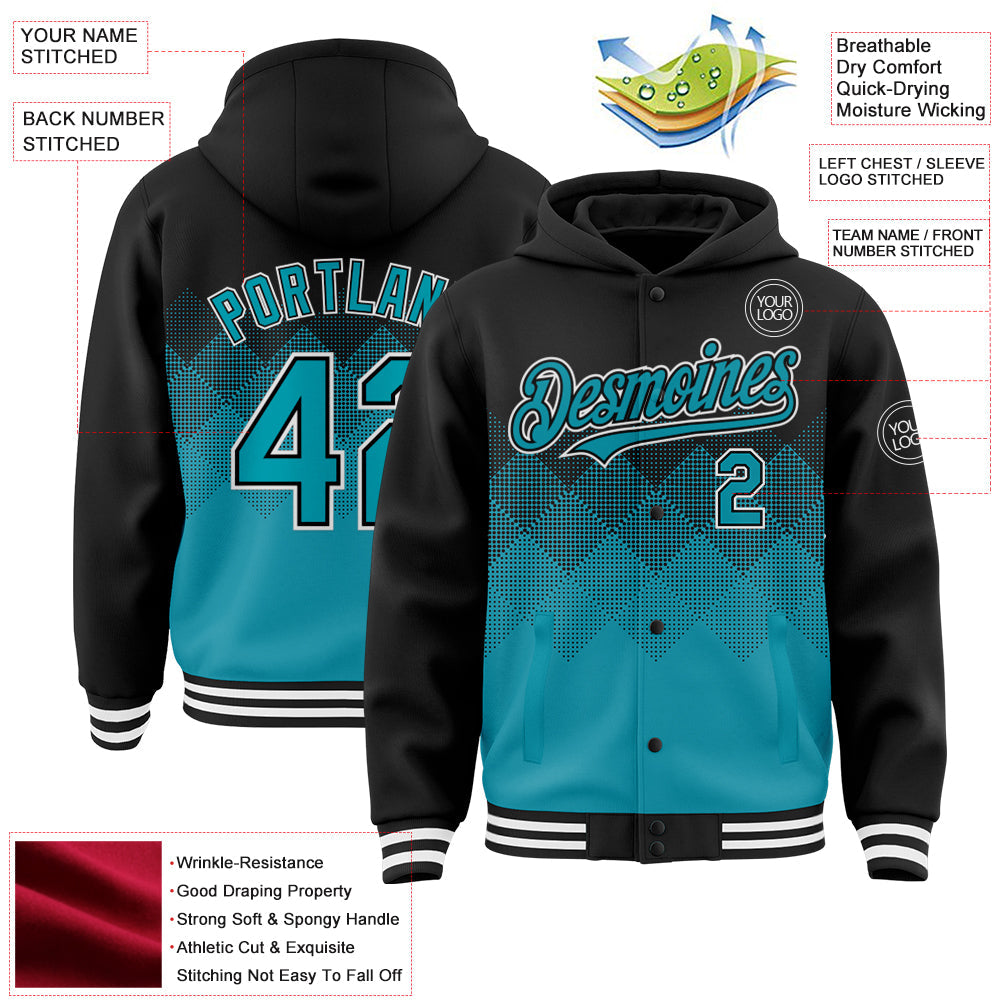 Custom Black Teal-White Gradient Square Shape 3D Pattern Design Bomber Full-Snap Varsity Letterman Hoodie Jacket view 3