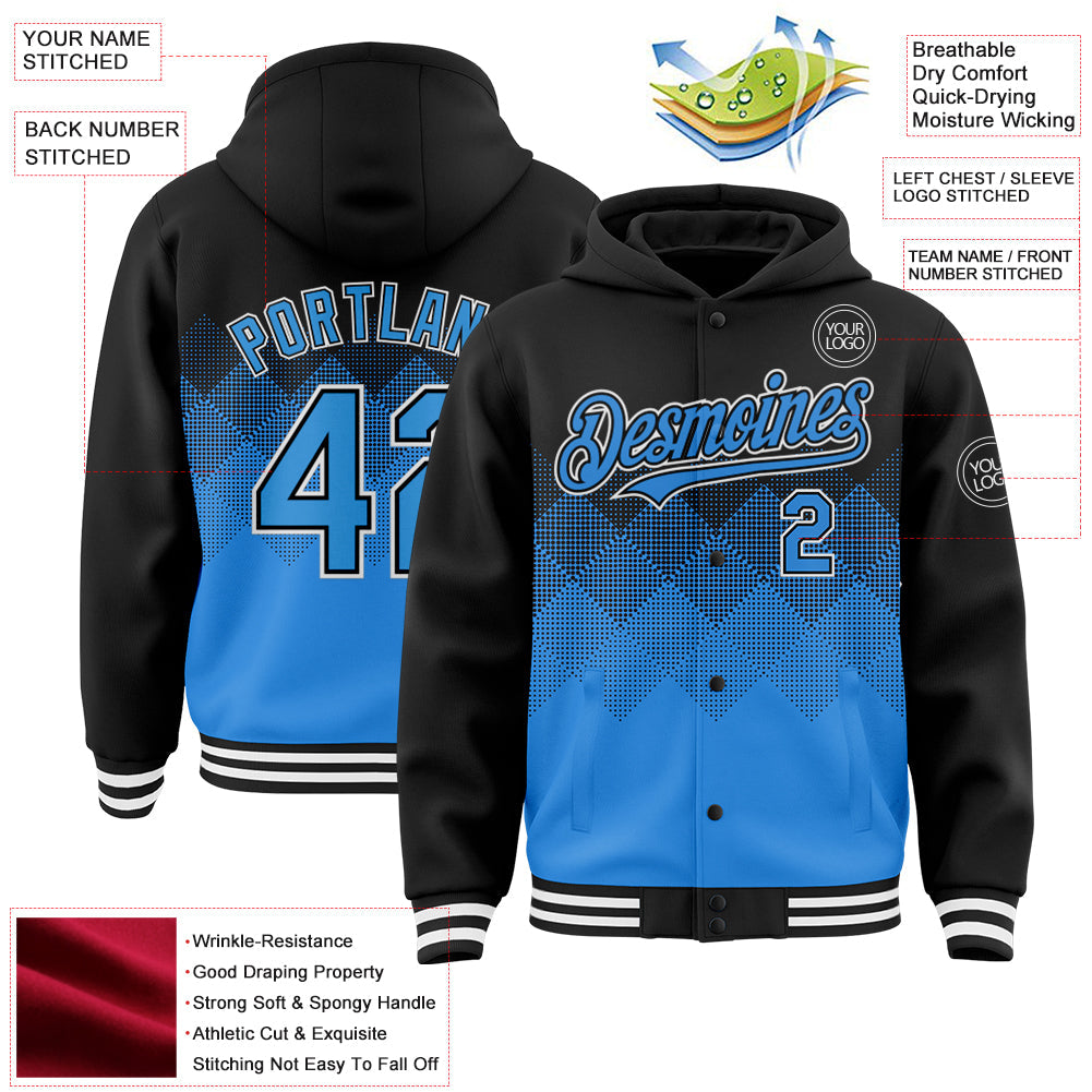 Custom Black Powder Blue-White Gradient Square Shape 3D Pattern Design Bomber Full-Snap Varsity Letterman Hoodie Jacket view 3
