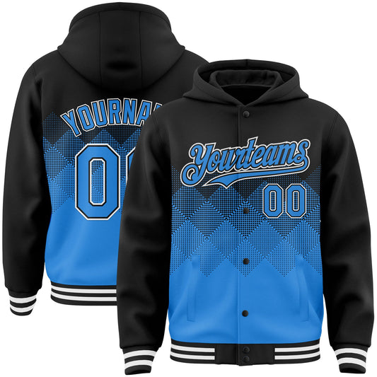 Custom Black Powder Blue-White Gradient Square Shape 3D Pattern Design Bomber Full-Snap Varsity Letterman Hoodie Jacket - Main View