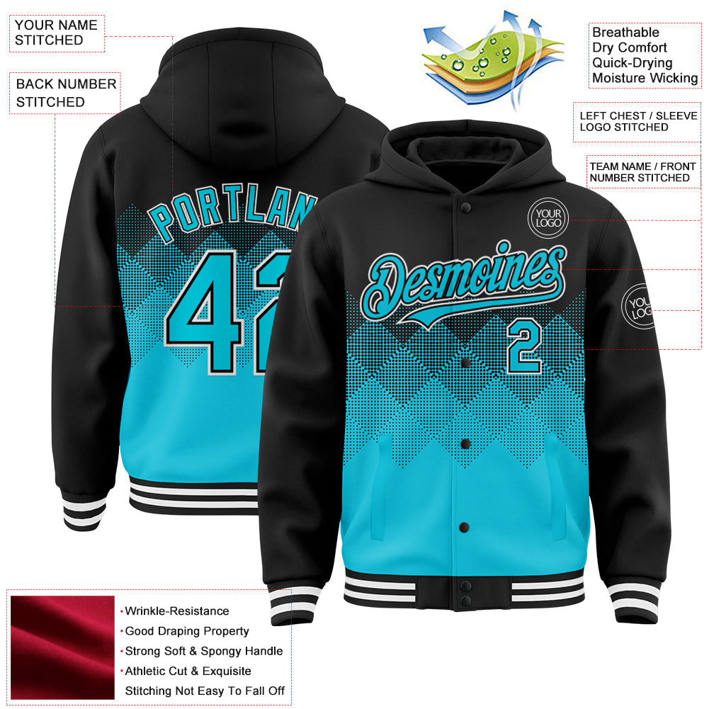 Custom Black Lakes Blue-White Gradient Square Shape 3D Pattern Design Bomber Full-Snap Varsity Letterman Hoodie Jacket view 3