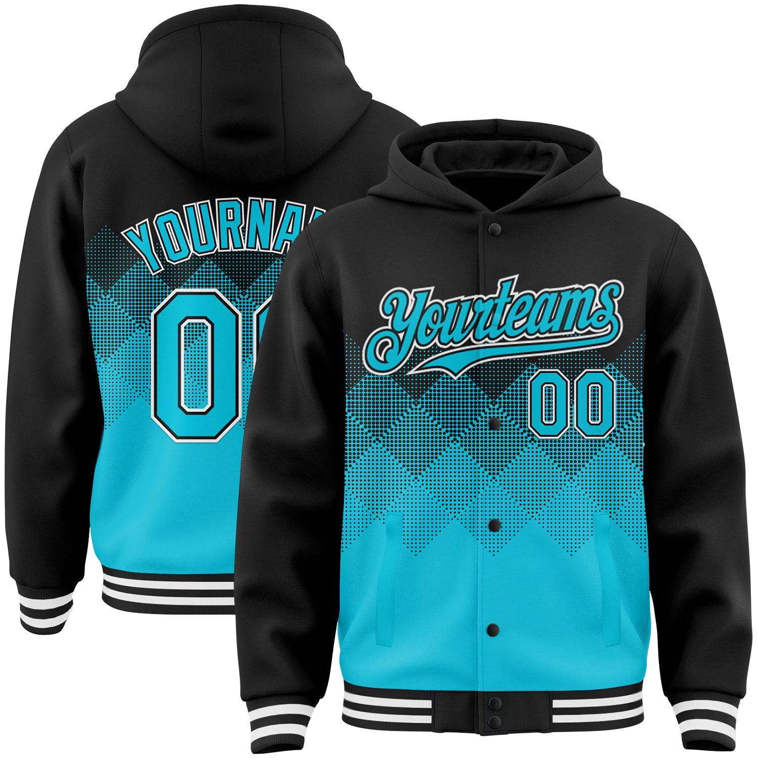 Custom Black Lakes Blue-White Gradient Square Shape 3D Pattern Design Bomber Full-Snap Varsity Letterman Hoodie Jacket - Main View