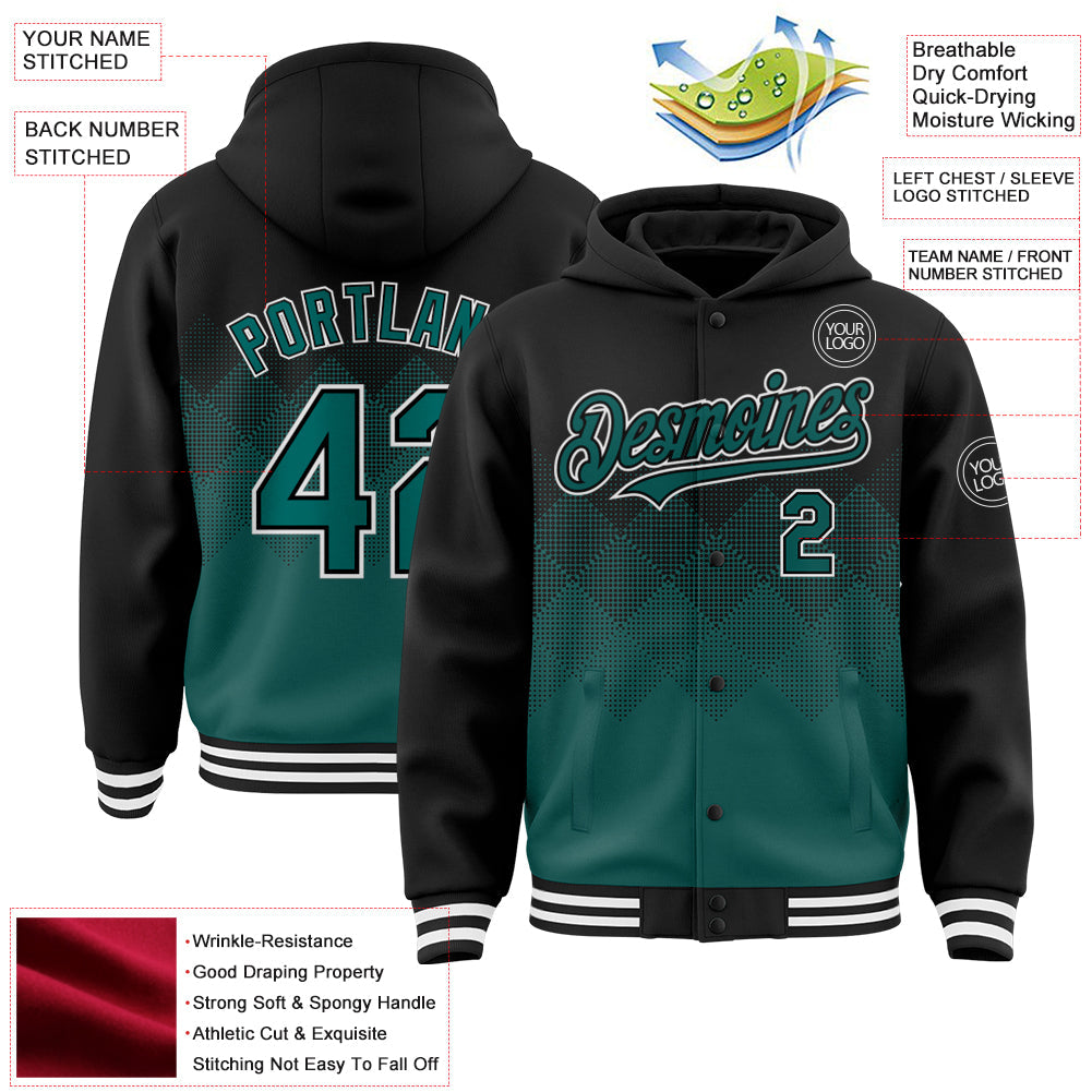 Custom Black Midnight Green-White Gradient Square Shape 3D Pattern Design Bomber Full-Snap Varsity Letterman Hoodie Jacket view 3
