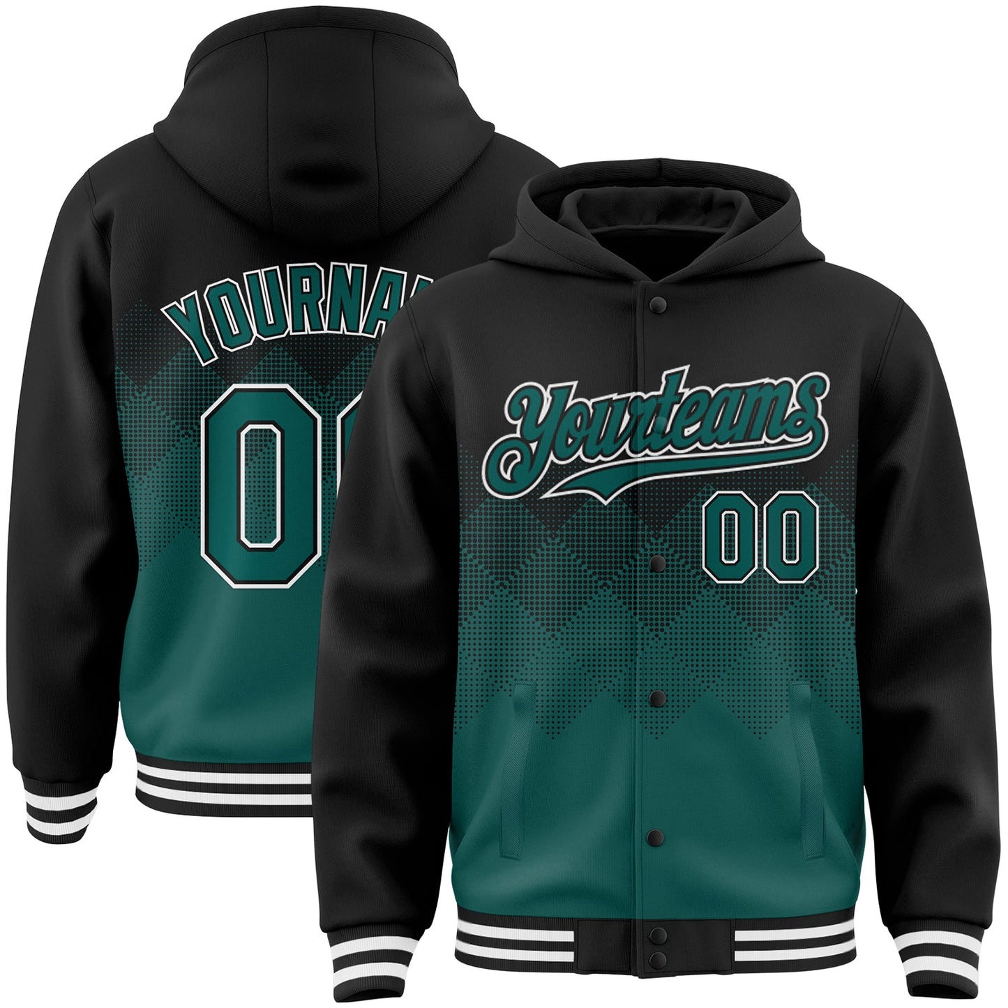 Custom Black Midnight Green-White Gradient Square Shape 3D Pattern Design Bomber Full-Snap Varsity Letterman Hoodie Jacket - Main View
