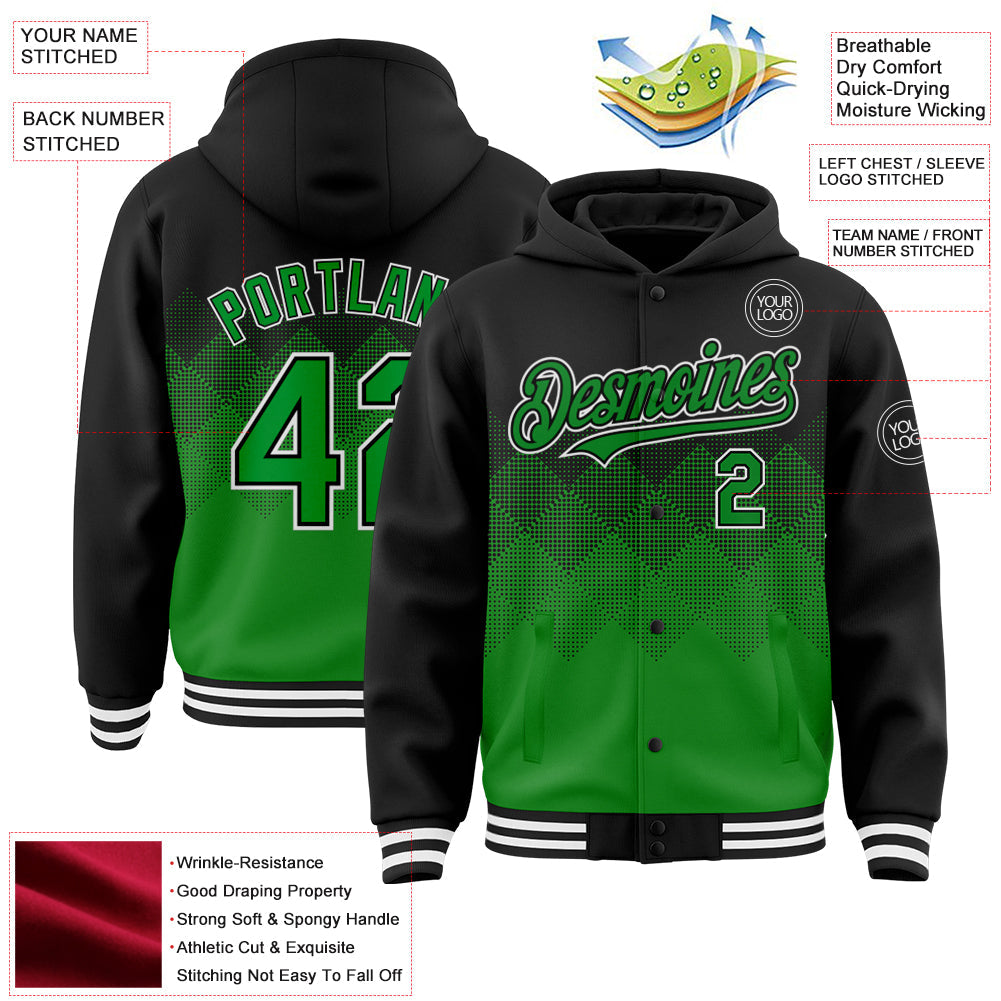 Custom Black Grass Green-White Gradient Square Shape 3D Pattern Design Bomber Full-Snap Varsity Letterman Hoodie Jacket view 3