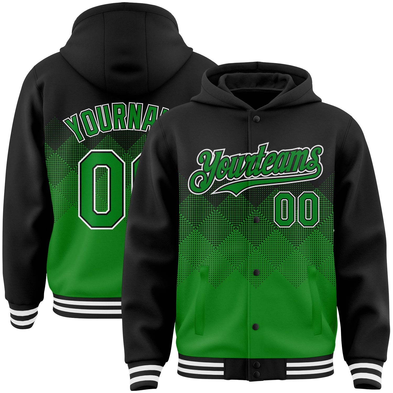 Custom Black Grass Green-White Gradient Square Shape 3D Pattern Design Bomber Full-Snap Varsity Letterman Hoodie Jacket - Main View