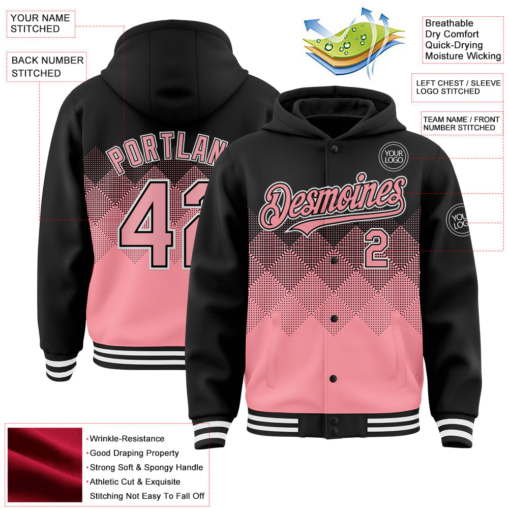 Custom Black Medium Pink-White Gradient Square Shape 3D Pattern Design Bomber Full-Snap Varsity Letterman Hoodie Jacket view 3