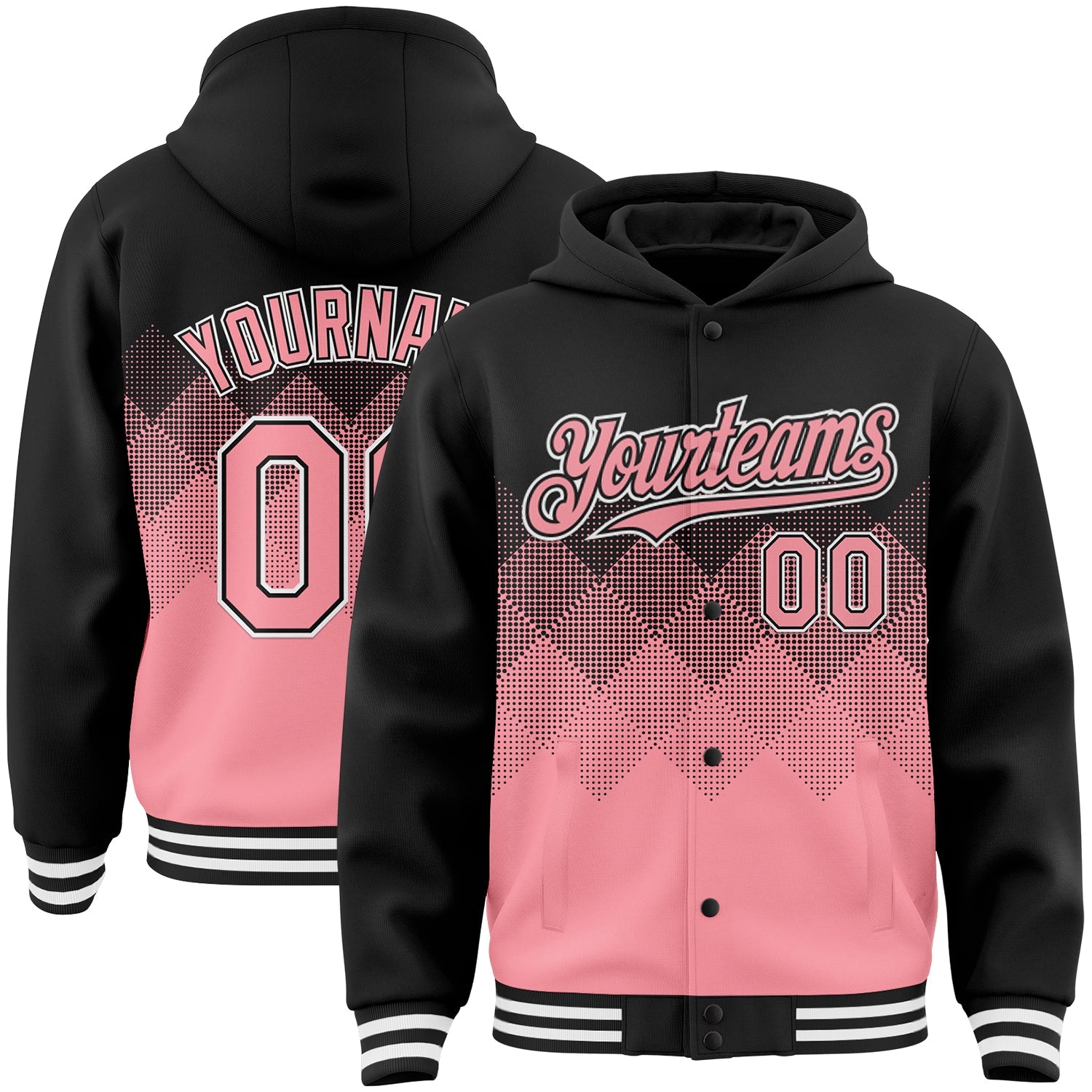 Custom Black Medium Pink-White Gradient Square Shape 3D Pattern Design Bomber Full-Snap Varsity Letterman Hoodie Jacket - Main View