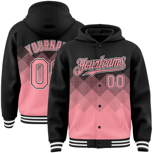 Custom Black Medium Pink-White Gradient Square Shape 3D Pattern Design Bomber Full-Snap Varsity Letterman Hoodie Jacket - Main View