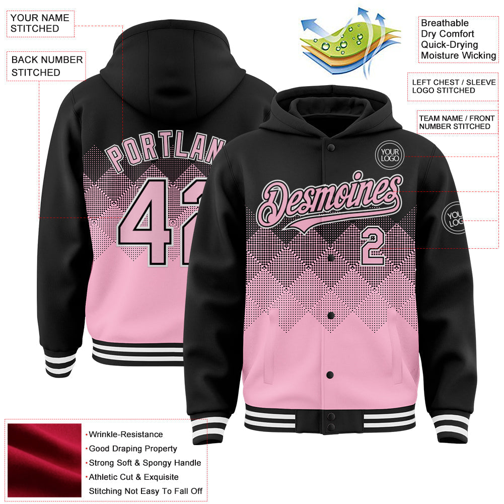 Custom Black Light Pink-White Gradient Square Shape 3D Pattern Design Bomber Full-Snap Varsity Letterman Hoodie Jacket view 3