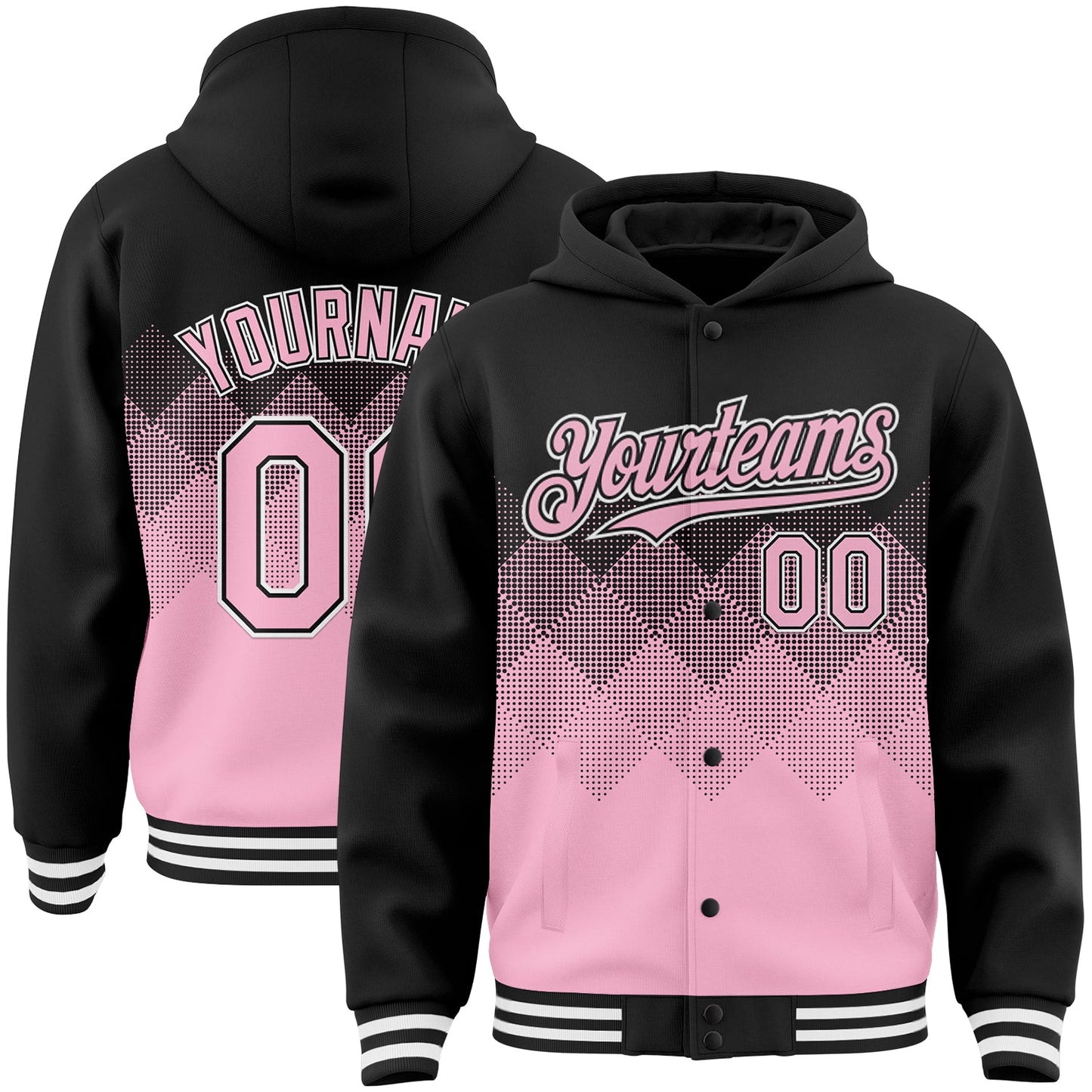 Custom Black Light Pink-White Gradient Square Shape 3D Pattern Design Bomber Full-Snap Varsity Letterman Hoodie Jacket - Main View