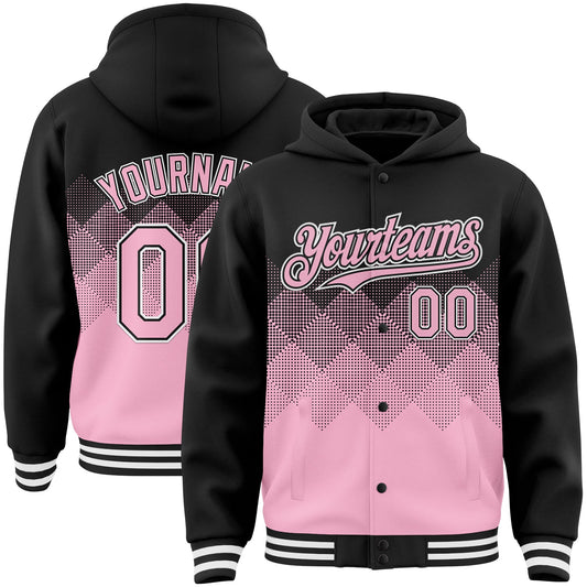 Custom Black Light Pink-White Gradient Square Shape 3D Pattern Design Bomber Full-Snap Varsity Letterman Hoodie Jacket - Main View