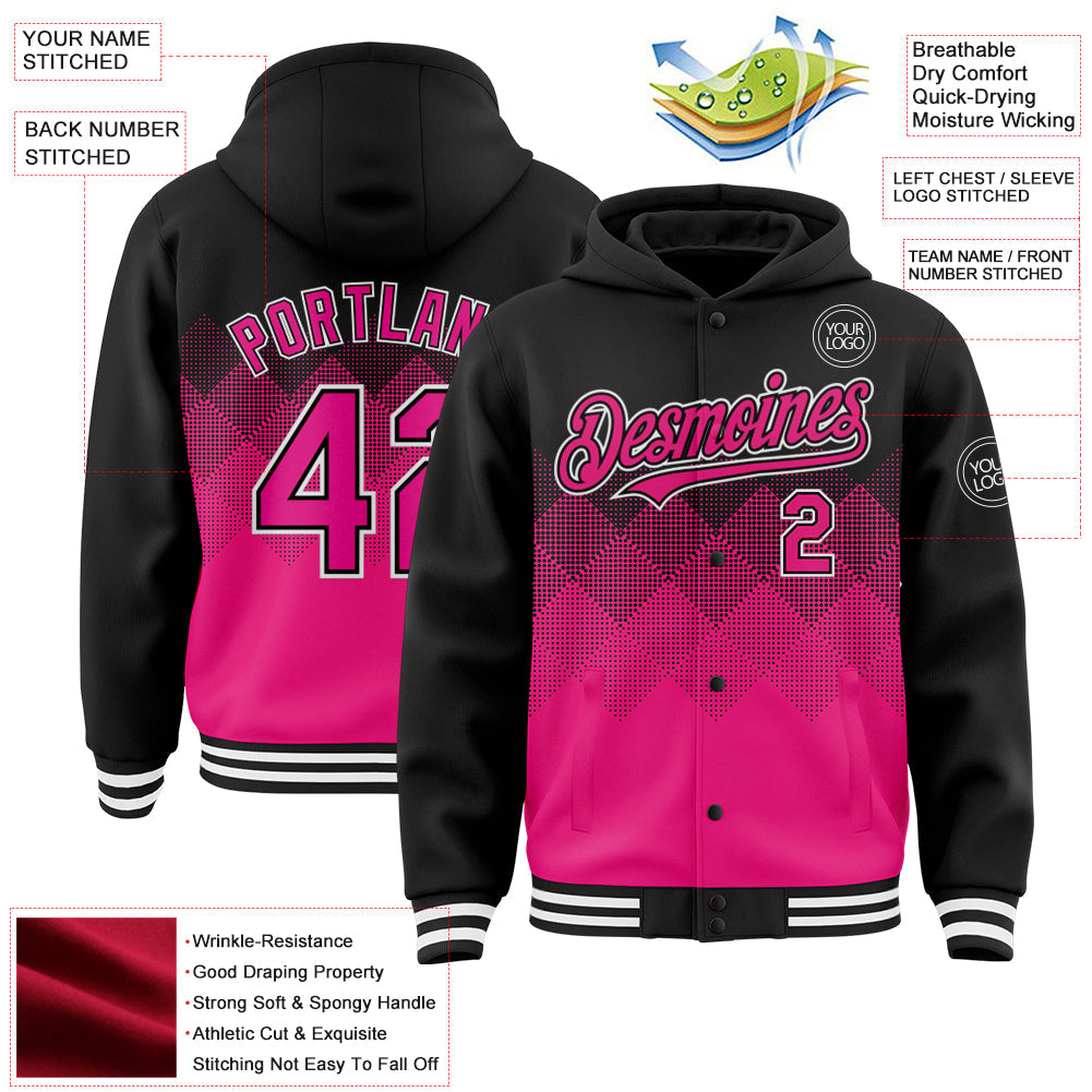 Custom Black Hot Pink-White Gradient Square Shape 3D Pattern Design Bomber Full-Snap Varsity Letterman Hoodie Jacket view 3