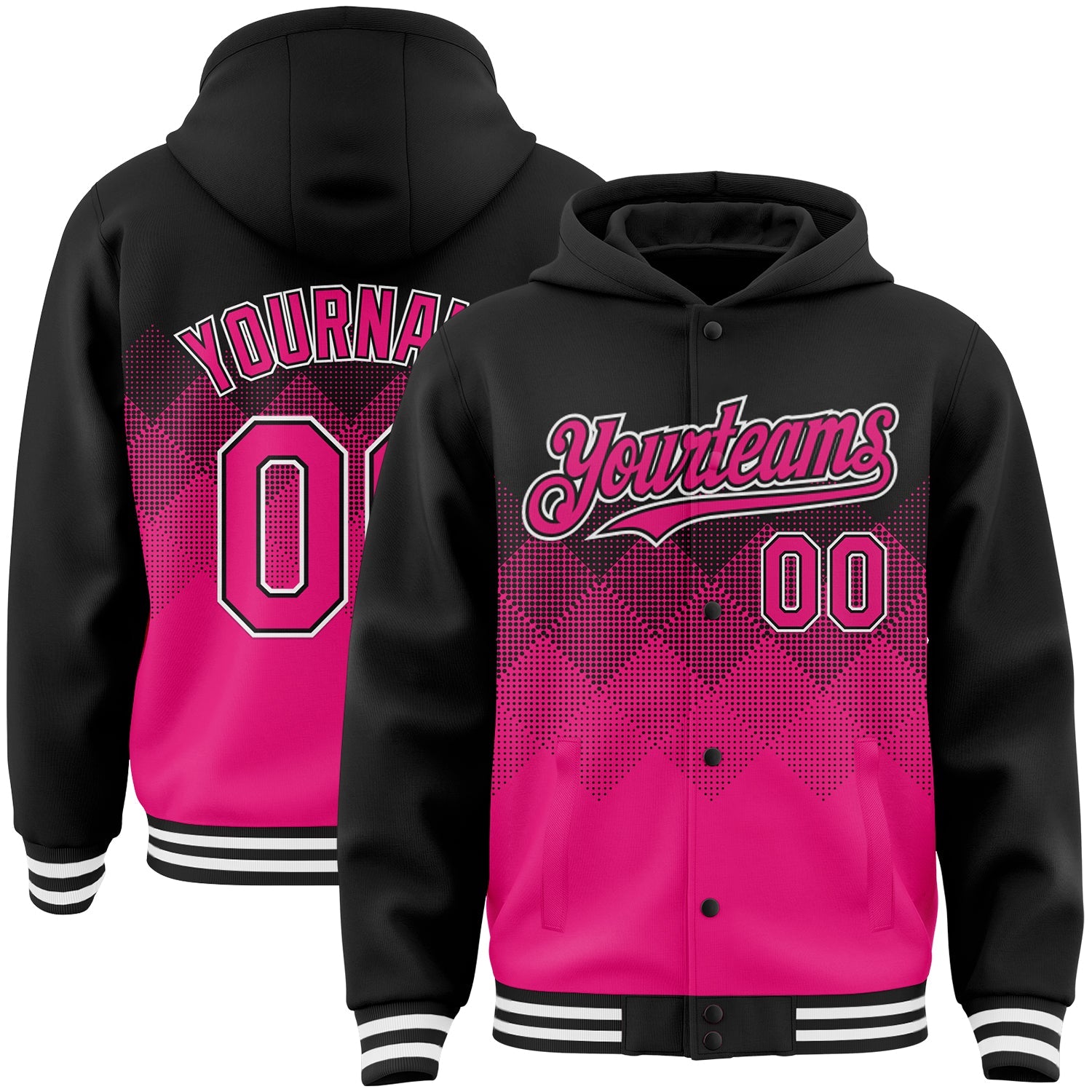 Custom Black Hot Pink-White Gradient Square Shape 3D Pattern Design Bomber Full-Snap Varsity Letterman Hoodie Jacket - Main View