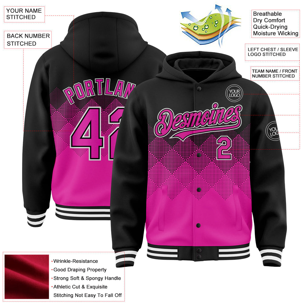 Custom Black Deep Pink-White Gradient Square Shape 3D Pattern Design Bomber Full-Snap Varsity Letterman Hoodie Jacket view 3